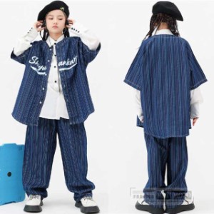 【三太郎の日】キッズダンス衣装 子供服 ジャズ風 舞台服 デニムジャケット 単品 ヒップホップ 半袖 ベスト ロングパンツ デニムパンツ