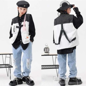 【三太郎の日】キッズダンス衣装 子供服 ジャズ風 舞台服 単品 ヒップホップ 半袖 ベスト ロングパンツ デニムパンツ ダメージ加工 シャ