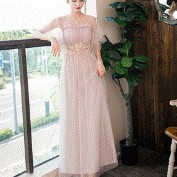 ドレス ワンピース パーティードレス 結婚式のドレス ロングドレス Aラインドレス ロング丈 袖あり Aライン レース 刺繍 シフォン かわい