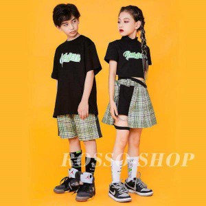 ダンス 衣装 キッズ ガールズ ジャズダンス ヒップホップ HIPHOP チア チアガール 黒 チェック柄 女の子 男の子 セットアップ へそ出し