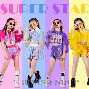 ダンス 衣装 キッズ チア チアガール キラキラ スパンコール ジャズダンス衣装 トップス スカート へそ出し 女の子 演奏会 練習着 応援団