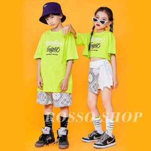 ダンス 衣装 キッズ ガールズ ジャズダンス ヒップホップ HIPHOP チア チアガール 蛍光色 女の子 男の子 セットアップ へそ出し 応援団