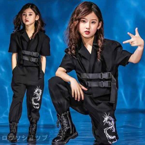 キッズダンス衣装 セットアップ ヒップホップ  HIPHOP  ダンストップス  パンツ ズボン サルエルパンツ 黒 子供 女の子 ステージ衣装  演