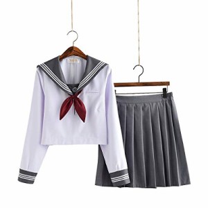 【小松丸】グレーの襟 セーラー服 長袖 半袖 白い グレー 金魚結び リボン 制服 学生 5点セット 靴下付き（黒） (長袖5点セットA M)