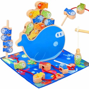 CORPER TOYS 木製おもちゃ 4in1 パズル 魚釣りおもちゃ ひもとおし 紐通しおもちゃ バランスゲーム 棒通し遊び かわいい 木製パズル