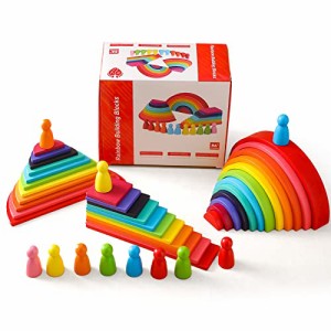 Promise Babe レインボー 虹色トンネル 木のおもちゃ 積み木 知育玩具 円形 三角形 正方形 長方形 アーチ 木製 ベビースタッキング パ