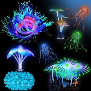 アクアリウム 水槽 置物 57 Pieces Glowing Fish Tank Decorations Plants with Simulation Glowing Silico