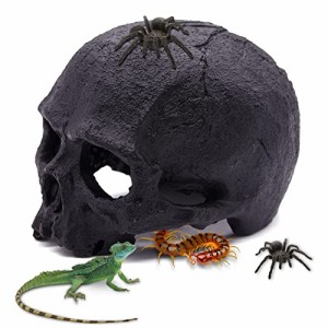 アクアリウム 水槽 置物 Aufeeky Halloween Human Skull Reptile Hide, Black Reptile Hides and Caves for