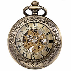  SIBOSUN Pocket Watch Mechanical Skeleton Antique Men Bronze Roman Numerals Hand Wind