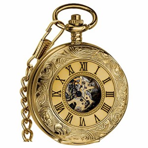  VIGOROSO Mens Pocket Watch with Chain Half Hunter Double Cover Skeleton Mechanical Watches Gold Roman Numeral