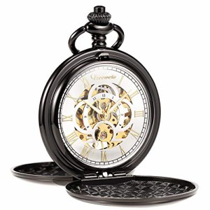  TREEWETO Men's Mechanical Pocket Watch Vintage Steampunk Black Smooth Double Case Roman Numerals Fob Watches 