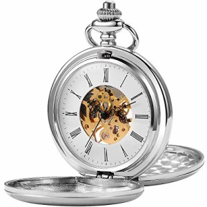  SIBOSUN Pocket Watch - Smooth Double Case Skeleton Dial Mechanical Movement Silver Chain Gift Box