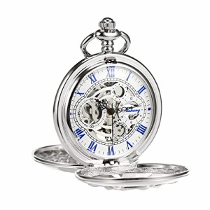  TREEWETO Silver Double Cover Roman Numerals Dial Skeleton Mens Women Pocket Watch