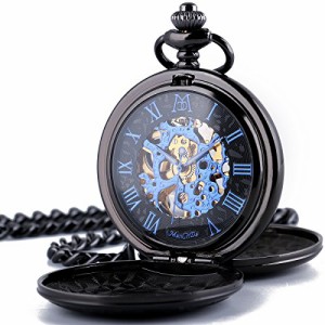  ManChDa Mechanical Roman Numerals Dial Skeleton Pocket Watches with Box and Chains for Mens Women (1.Black Bl