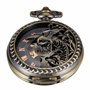  Men's Double Open Case Phoenix Design Mechanical Pocket Watch, Skeleton Case FOB Chain Pocket Watces for Men