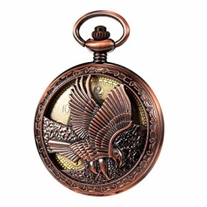  TREEWETO Mechanical Eagle Arabic Numerals Dial Skeleton Red Bronze Pocket Watch Watches with Gift Box and Cha