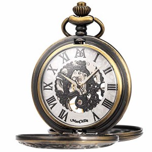  ManChDa Mechanical Roman Numerals Dial Skeleton Pocket Watches with Box and Chains for Mens Women (3.Bronze)