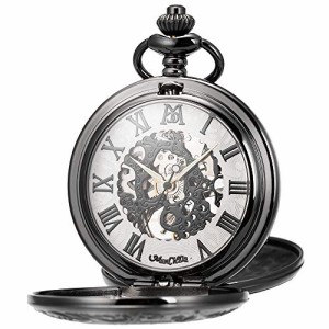  ManChDa Mechanical Roman Numerals Dial Skeleton Pocket Watches with Box and Chains for Mens Women (4.Black Wh