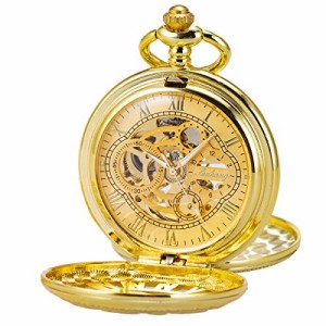  SIBOSUN Pocket Watch Skeleton Mechanical Double Case Hand-Wind Gold Roman Numerals Antique Mens