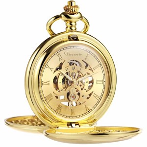  TREEWETO Men's Mechanical Pocket Watch Vintage Steampunk Bronze Gold Tone Smooth Double Case Roman Numerals F