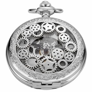  Double Open Silver Gear and Star Men's Mechanica Pocket Watch Cool Design, FOB Chain Double Open Case Design 