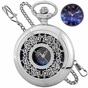  Tiong Blue Star Pocket Watch Hollow Cloud Moon Pattern Design Roman Numerals Quartz with Chain Christmas Birt