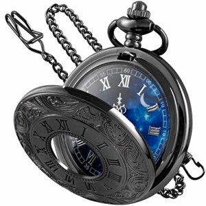  Tiong Roman Numerals Scale Pocket Watch Blue Starry Night Moon Dial Men Pocket Watch with Chain Christmas Gra