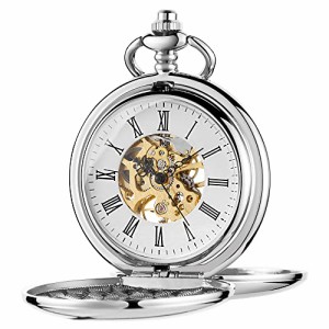  Whodoit Mens Silver Double Open Pocket Watch Hunter Mechanical Pocket Watches Engraved Roman Numeral Dial Mec
