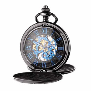  TREEWETO Men's Mechanical Skeleton Pocket Watch for Mens Women Blue Roman Numerals Dial Black Double Case Poc