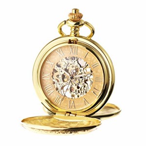  TREEWETO Men's Mechanical Skeleton Pocket Watch for Mens Women Roman Numerals Dial Golden Tone Double Case Po