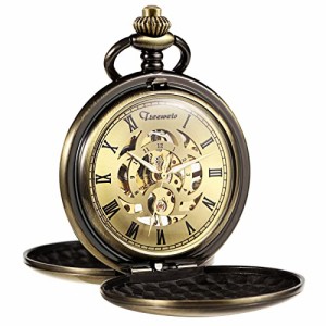  TREEWETO Men's Mechanical Pocket Watch Vintage Steampunk Bronze Tone Smooth Double Case Roman Numerals Fob Wa