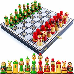 ボードゲーム 英語 アメリカ Unique Handcrafted Chess Set - Wooden Chess Pieces Matryoshka Dolls