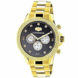 腕時計 ラックスマン メンズ LUXURMAN Black Dial Yellow Gold Plated Diamond Watch for Men 0.2ctw of 