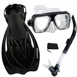 シュノーケリング マリンスポーツ Promate Snorkeling Scuba Dive Snorkel Mask Fins Gear Set, Black