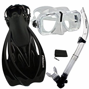 シュノーケリング マリンスポーツ PROMATE Snorkeling Scuba Dive Snorkel Mask Fins Gear Set, ClrBk