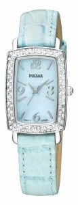 腕時計 パルサー SEIKO Pulsar Women's PTC501 Crystal Case Blue Leather Strap Blue Mother-of-Pearl Dial W