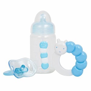 ジェーシートイズ 赤ちゃん おままごと Blue Baby Doll Bottle, Rattle & Pacifier Set | JC Toys -