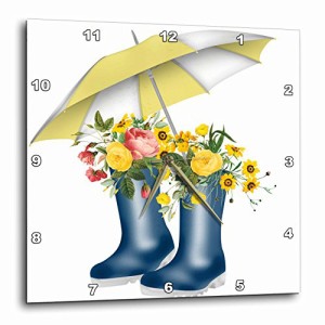 壁掛け時計 インテリア 海外モデル 3D Rose Pretty Flowers in Blue Rain Boots with A Yellow and Wh