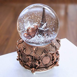 スノーグローブ 雪 置物 QTKJ Paris Snow Musical Globe with Color Changing LED Lights, Eiffel Tower Sn