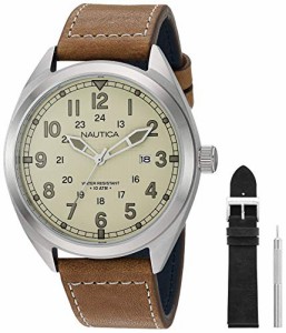 腕時計 ノーティカ メンズ Nautica Men's Battery Park Stainless Steel Japanese-Quartz Leather Strap, 