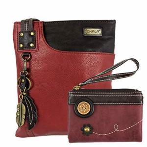 chala バッグ パッチ Chala Double Zip Wallet and Swing Crossbody Messenger Bag Bundle (Burgundy_Feather)