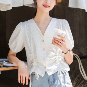 シフォンシャツ レディース 半袖 ブラウス 夏服 シャツ ショート丈 シフォン トップス 無地 パフスリーブ Vネック 白シャツ カジュアル 