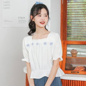 トップス 半袖 シャツ スクエアネック ブラウス レディース 夏服 ショートシャツ バルーンスリーブ 可愛い ギャザー おしゃれ きれいめ 