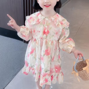 キッズワンピース 子供服 花柄 ボタン開き 丸ネック 女の子 ワンピース 長袖 ピンク フリルワンピース かわいい ファッション ゆったり 