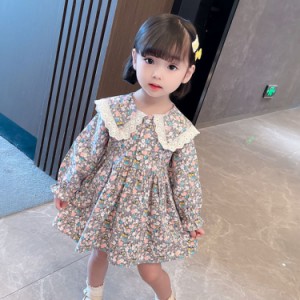 キッズ服 子供服 女の子 チェック レース ラウンドネック 丸襟 可愛い フレア袖口蝶々結び付き ドレス ガールズワンピース 着痩せ おしゃ