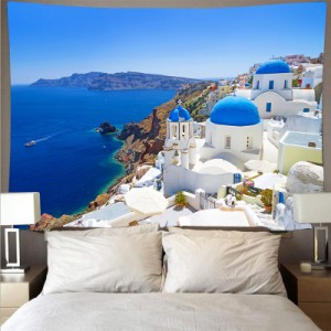 自然風景 タペストリー 海と青空 ギリシャのサントリーニ島 海 夜景 白い建物 ビーチ おしゃれ壁掛け 装飾布 インテリア 装飾アート モダ