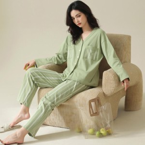 パジャマ レディース 綿 柔らかい 快適 ルームウェア 上下セット 長袖 かわいい 部屋着 春秋 肌に優しい 通気性 吸湿性 前開きパジャマ 