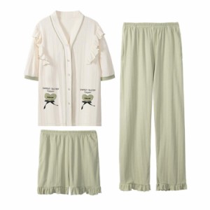 [WOJIAN]パジャマ レディース 夏 半袖 綿 可愛い 前開きシャツ ルームウェア 上下セット コットン 吸汗 通気 ロングパンツ 短ズボン 部屋