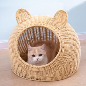 籐製 キャット ハウス ちぐらタイプ 猫小屋 猫ベッド 小型犬ベッド ウレタンクッション付き 夏用 猫ちぐら ドーム ひんやり ハウス おし