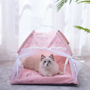 テント ペットベッド 犬小屋 猫小屋 可愛い レース ペット用寝袋 折りたたみ式 通気性 噛み耐え 取り出し四季通用 手軽に組み立てる ふん